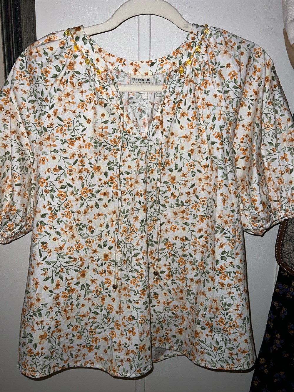 Enfocus Studio White Blouse with Orange Floral Print